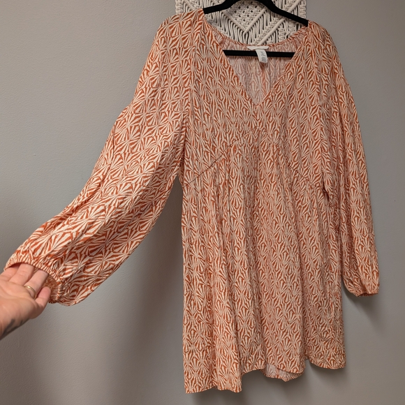 H&M Orange Cream Patterned Long Sleeve Baby doll V Neck Dress Medium - Picture 6 of 9